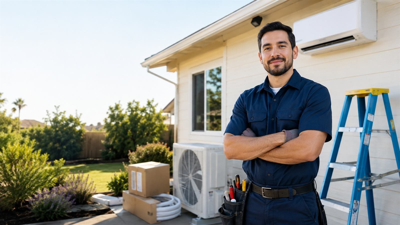 HVAC technician standing beside an installed outdoor mini-split unit